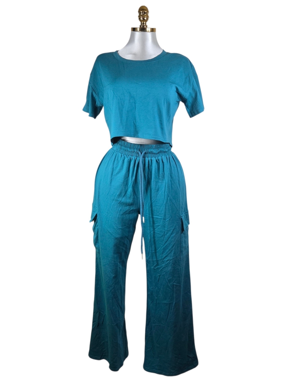 Women's Wide-Leg Drawstring Pants Set in Teal. Size S